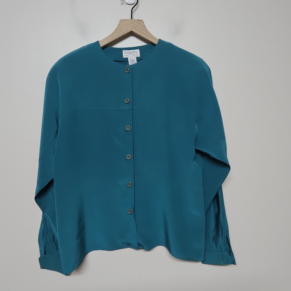Christian Dior Chemises 100% Silk Teal Blouse Women's Size 10 Button Front Long
